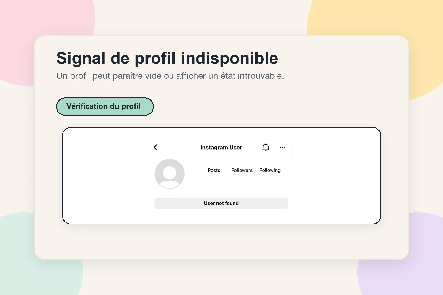 Signal de profil Instagram indisponible affichant un état utilisateur introuvable