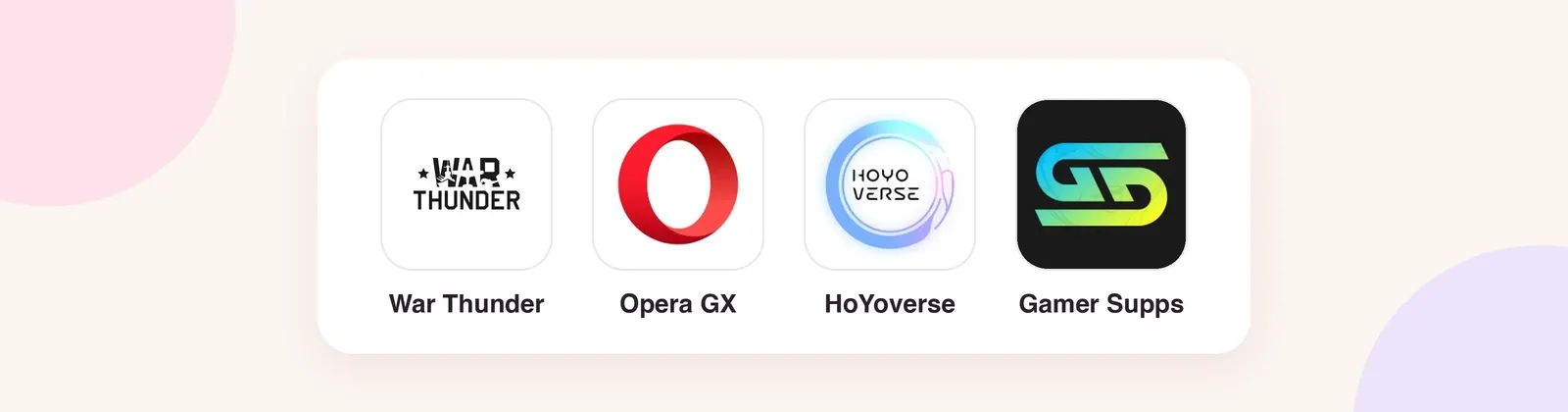 Logos de War Thunder, Opera GX, HoYoverse et Gamer Supps