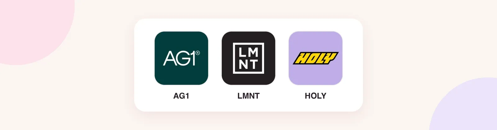 Logos d'AG1, LMNT et HOLY