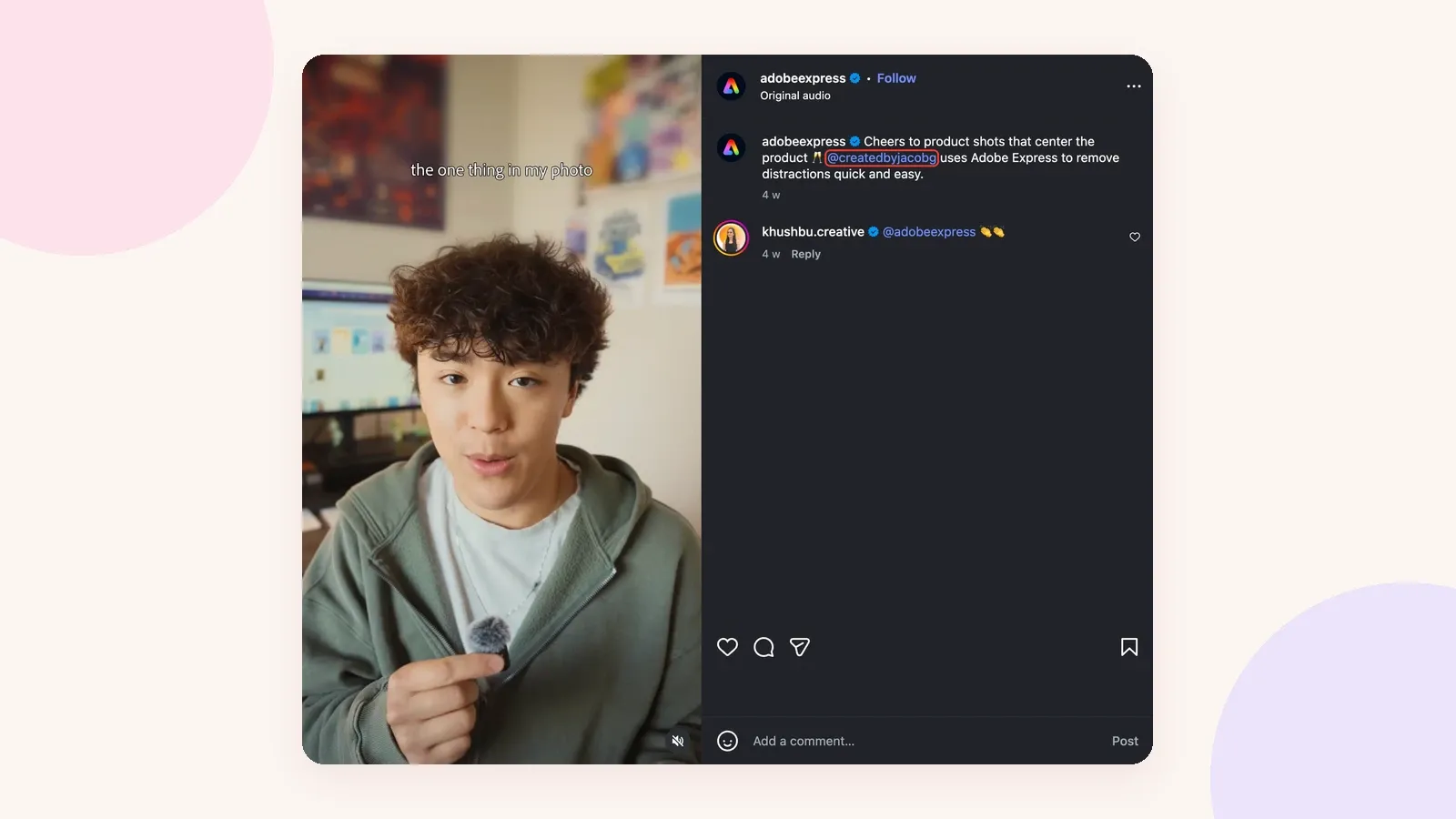 Adobe Express Instagram post crediting creator @createdbyjacobg in the caption, with the handle highlighted