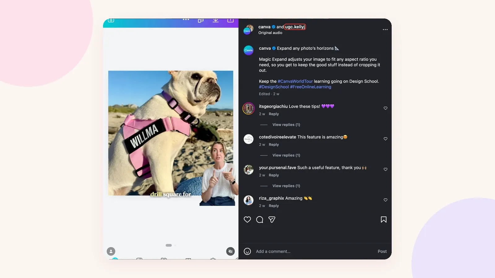 Instagram Collab post by Canva and ugc.kellyj showing a Magic Expand tutorial, with the creator's handle highlighted