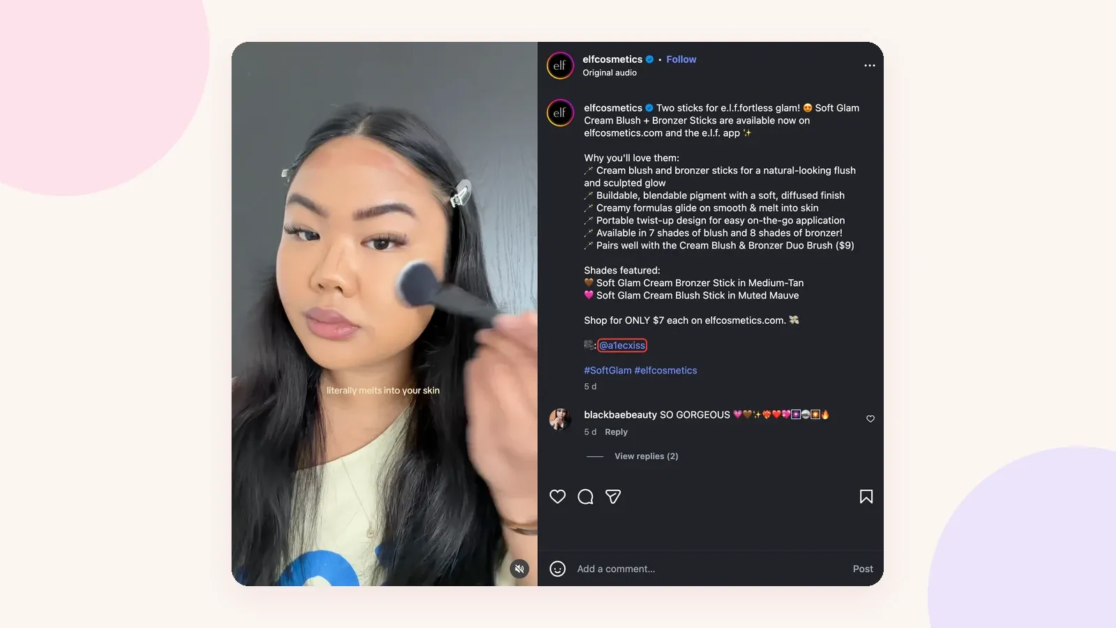 Publication Instagram d'e.l.f. Cosmetics montrant un tutoriel maquillage, avec la mention du créateur @a1ecxiss mise en évidence