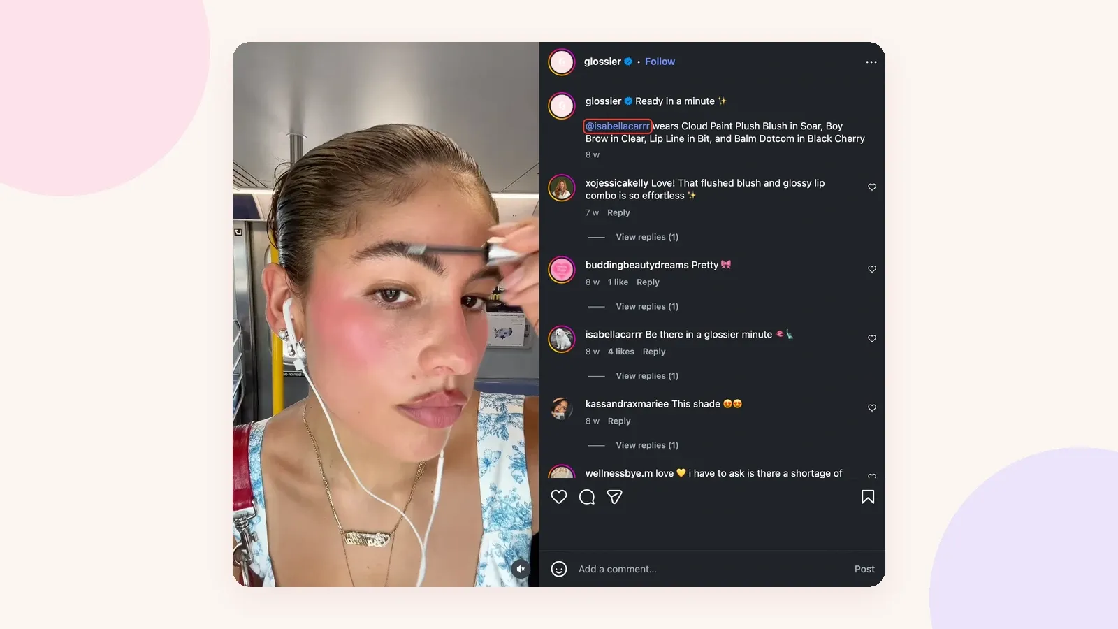 Publication Instagram de Glossier mettant en avant la créatrice @isabellacarrr, avec son identifiant mis en évidence dans la légende