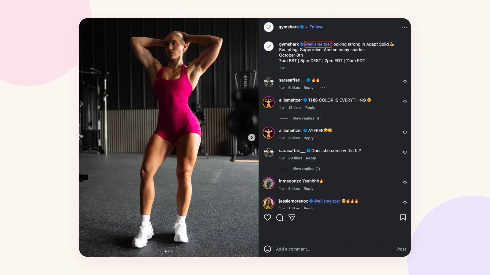 Publication Instagram de Gymshark mettant en avant la créatrice fitness @allismeltzer dans sa légende, avec son identifiant mis en évidence