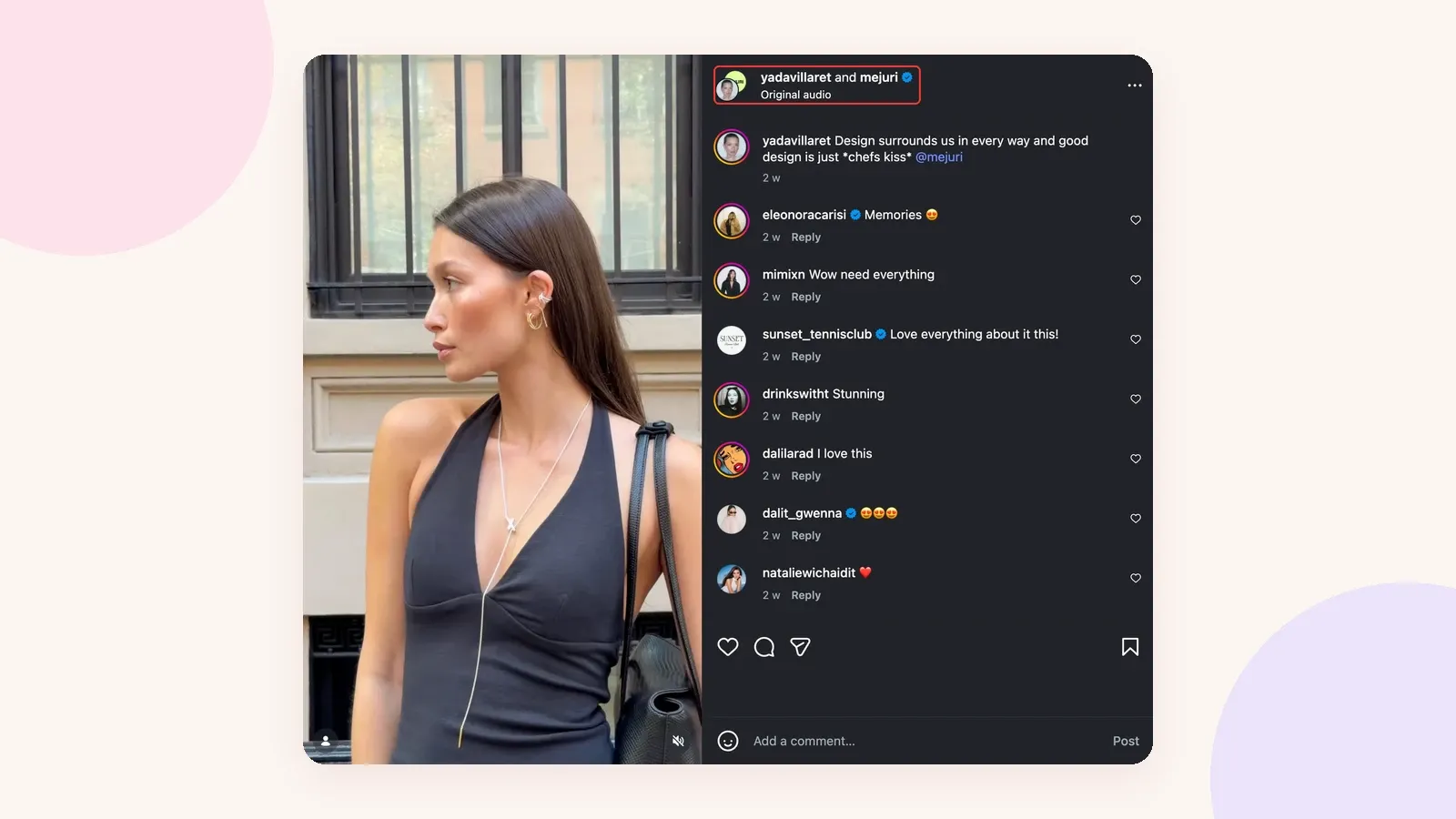 Publication collaborative Instagram de yadavillaret et Mejuri, avec l'en-tête commun mis en évidence
