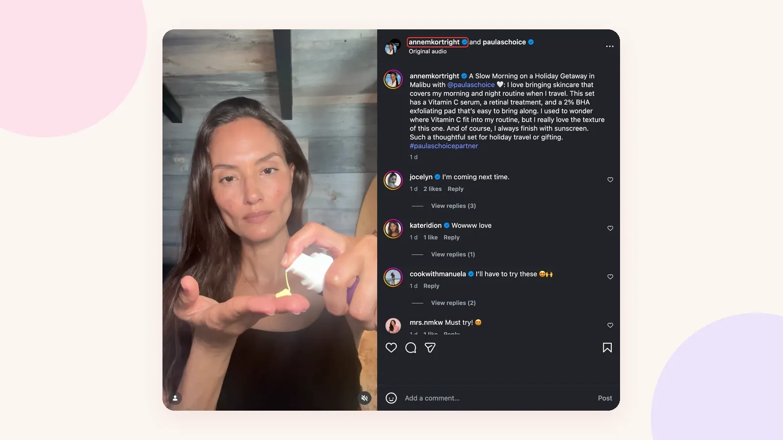 Instagram Collab post by annemkortright and Paula's Choice, tagged #paulaschoicepartner, with the creator's handle highlighted