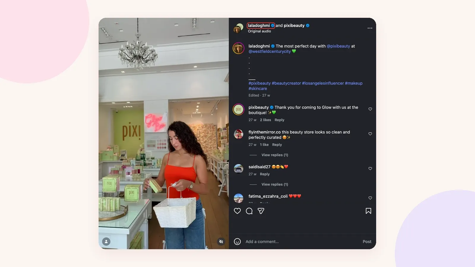 Instagram Collab post by laladoghmi and Pixi Beauty inside the Pixi boutique, with the creator's handle highlighted