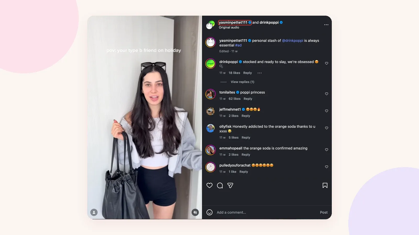 Instagram Collab post by yasminpettet111 and Poppi, tagged #ad, with the creator's handle highlighted