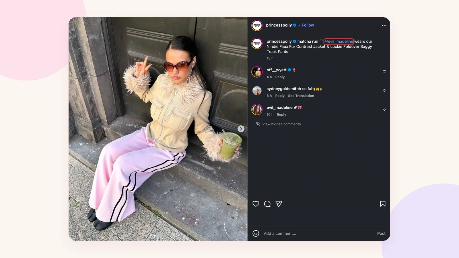 Publication Instagram de Princess Polly mettant en avant la créatrice @evil_madeline, avec son identifiant mis en évidence dans la légende