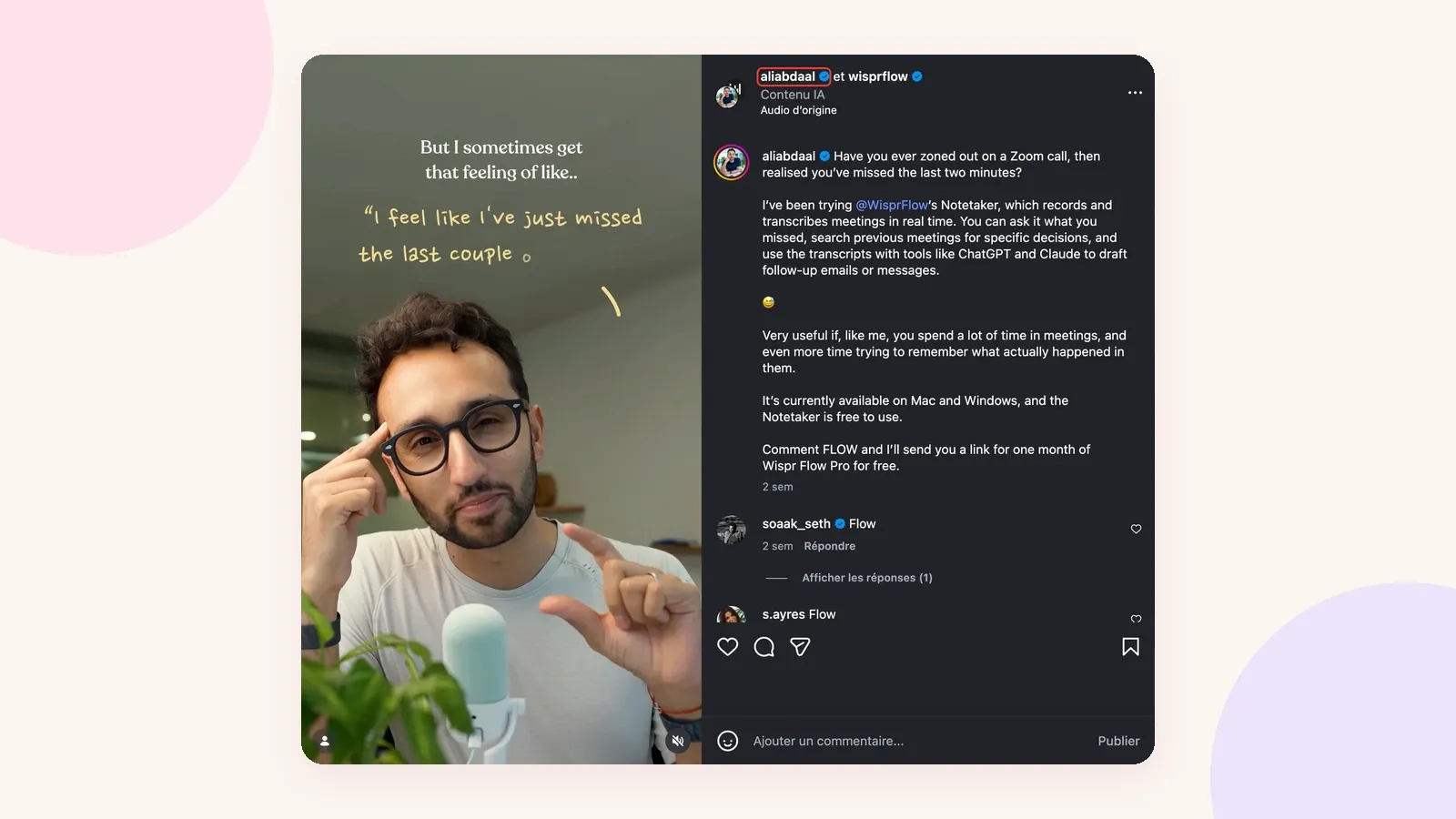 Instagram Collab post by aliabdaal and Wispr Flow about its AI notetaker, with the creator's handle highlighted