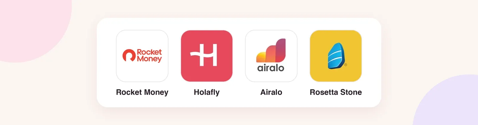 Logos de Rocket Money, Holafly, Airalo et Rosetta Stone