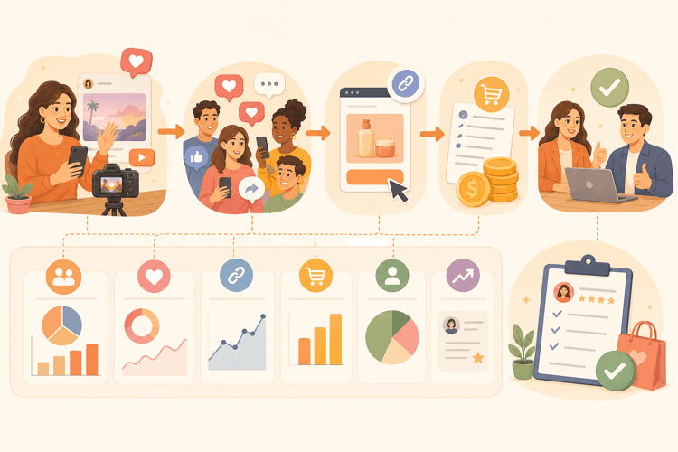 Illustration d’un flux de KPIs de campagne d’influence, du contenu créateur à la décision de la marque