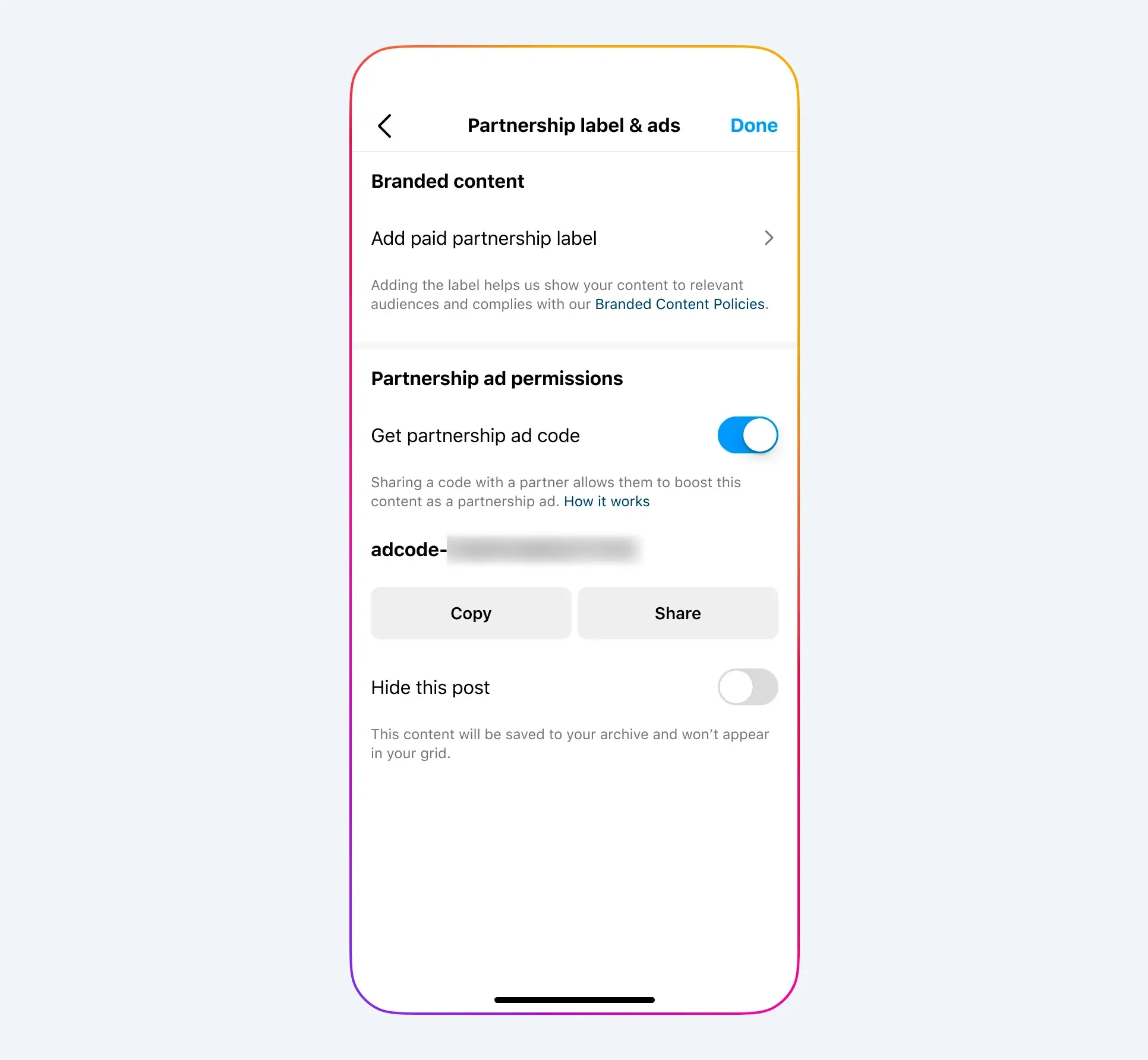 Tela de selo de parceria e anúncios do Instagram com a opção "Get partnership ad code" ativada e um código de anúncio pronto para copiar ou compartilhar