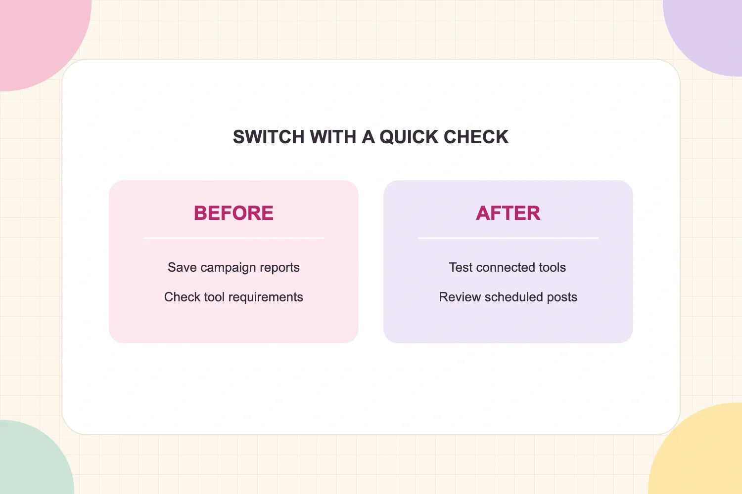 Switching checklist: save reports and check requirements first, then test connections and scheduled content