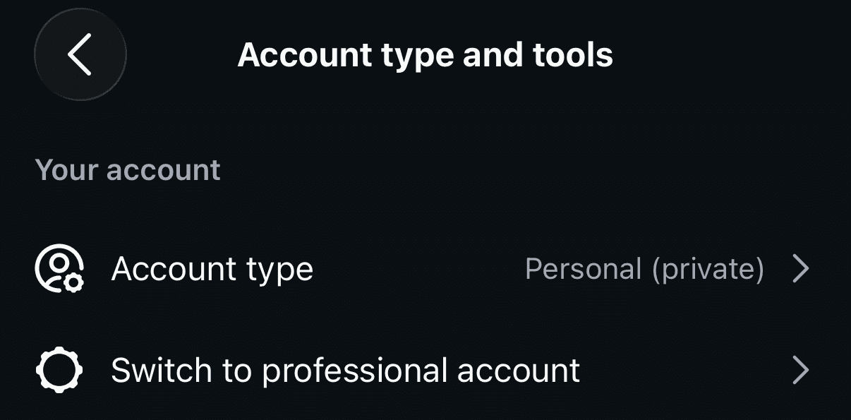Pantalla de Instagram Tipo de cuenta y herramientas en inglés, con una cuenta personal privada y la opción para cambiar a una cuenta profesional