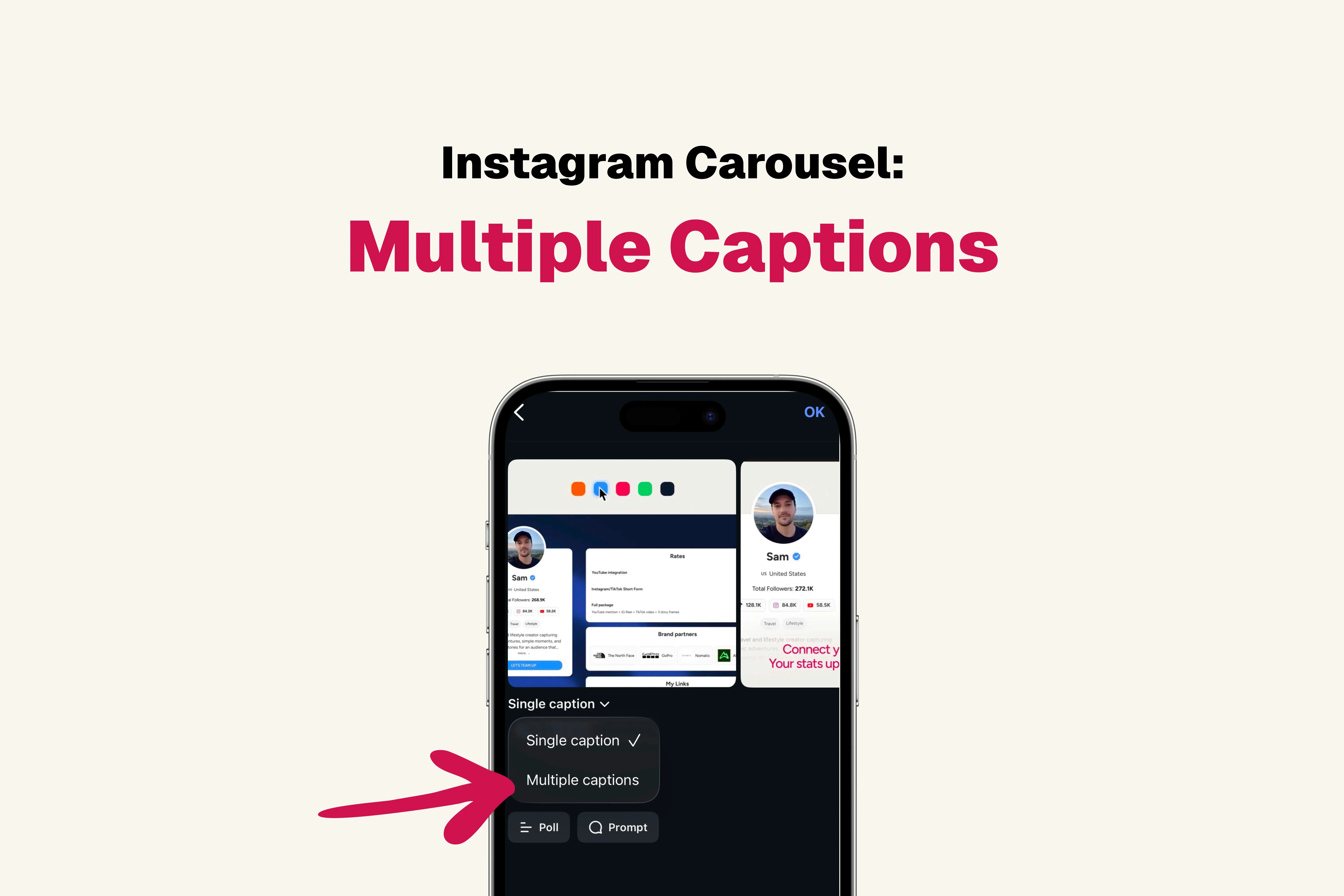 Instagram carousel composer showing the new single caption and multiple captions option