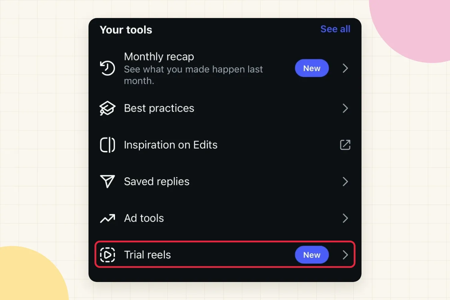 Instagram professional dashboard Your tools section with the Trial reels option