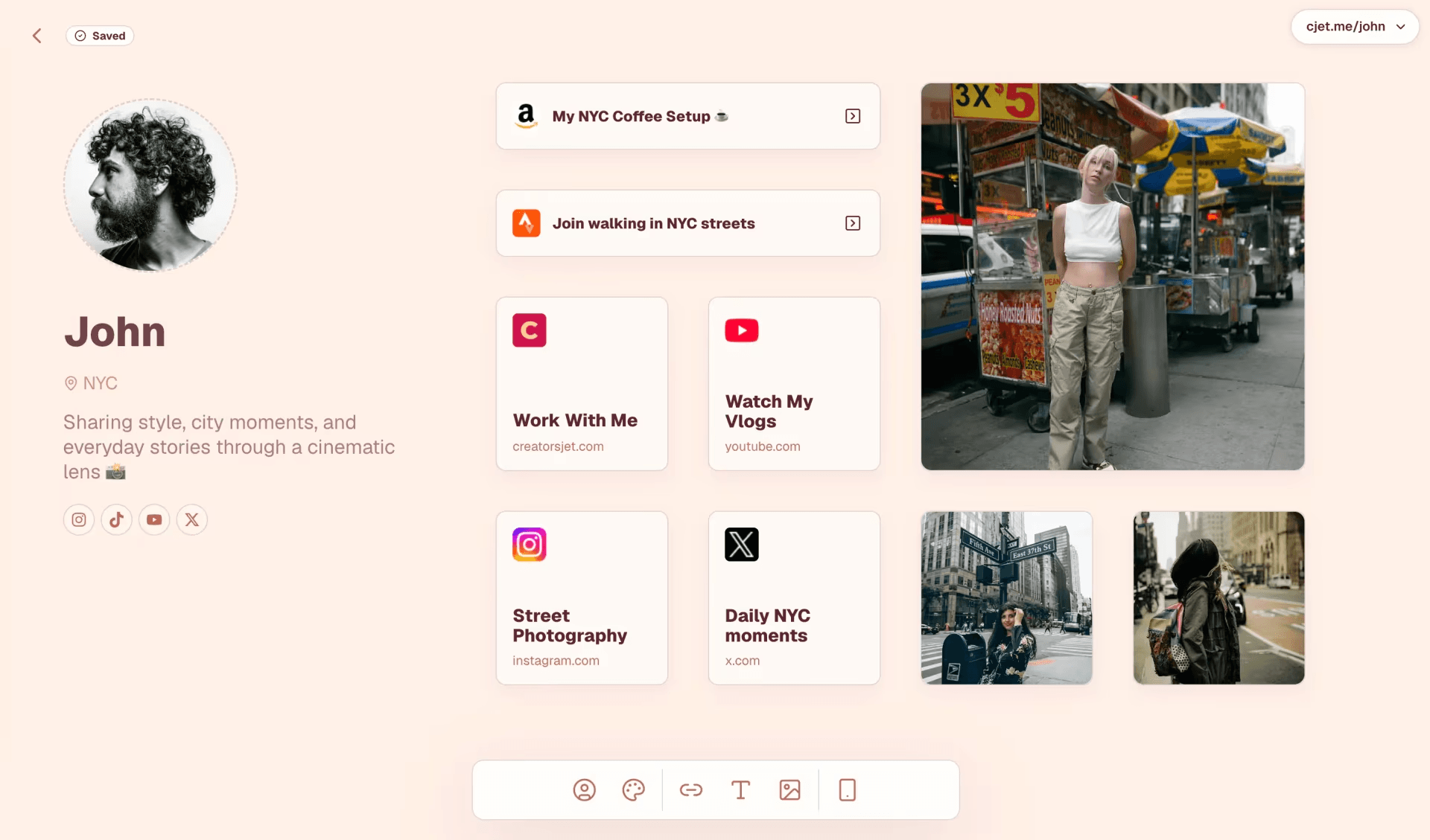 Une vraie page de lien en bio avec profil, liens sociaux, cartes de contenu et blocs image