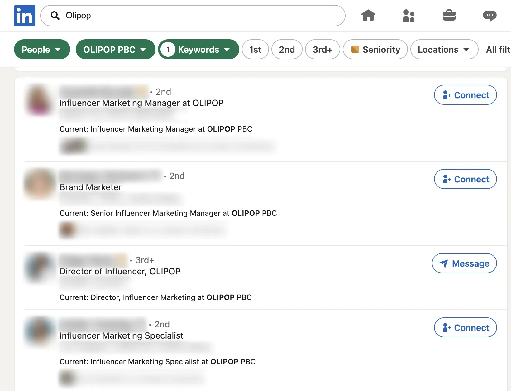 Búsqueda de personas en LinkedIn filtrada por Olipop con una palabra clave de influencers, que muestra influencer marketing managers, una directora y una especialista