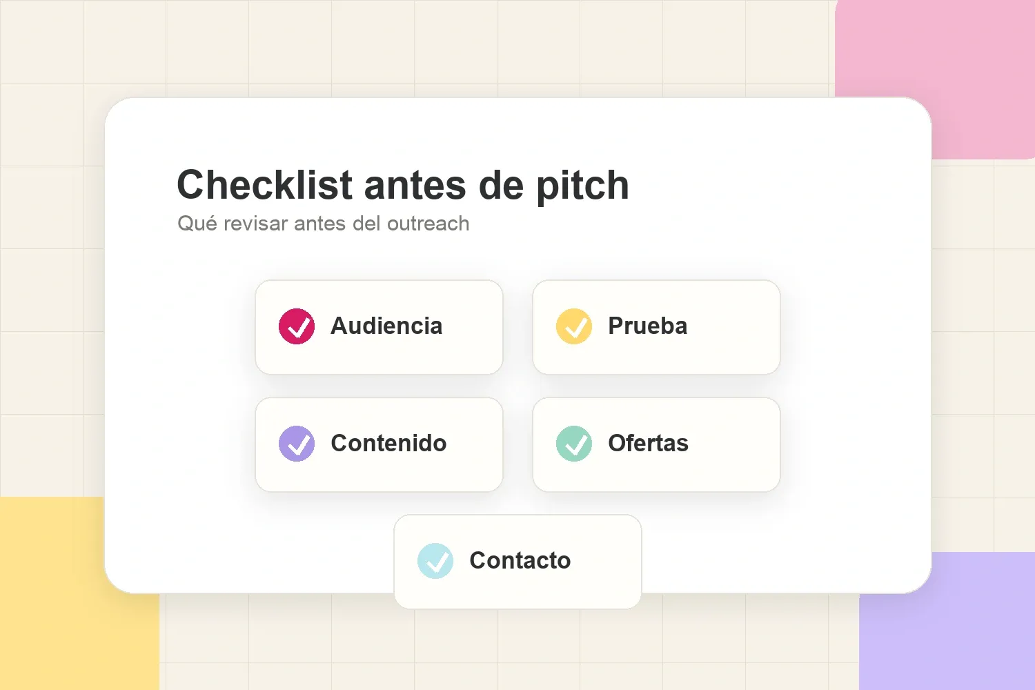 Checklist antes del pitch con audiencia, prueba, contenido, ofertas y contacto