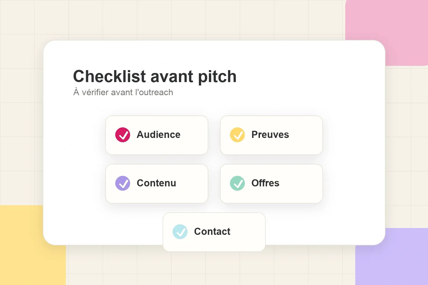 Checklist avant pitch avec audience, preuves, contenu, offres et contact