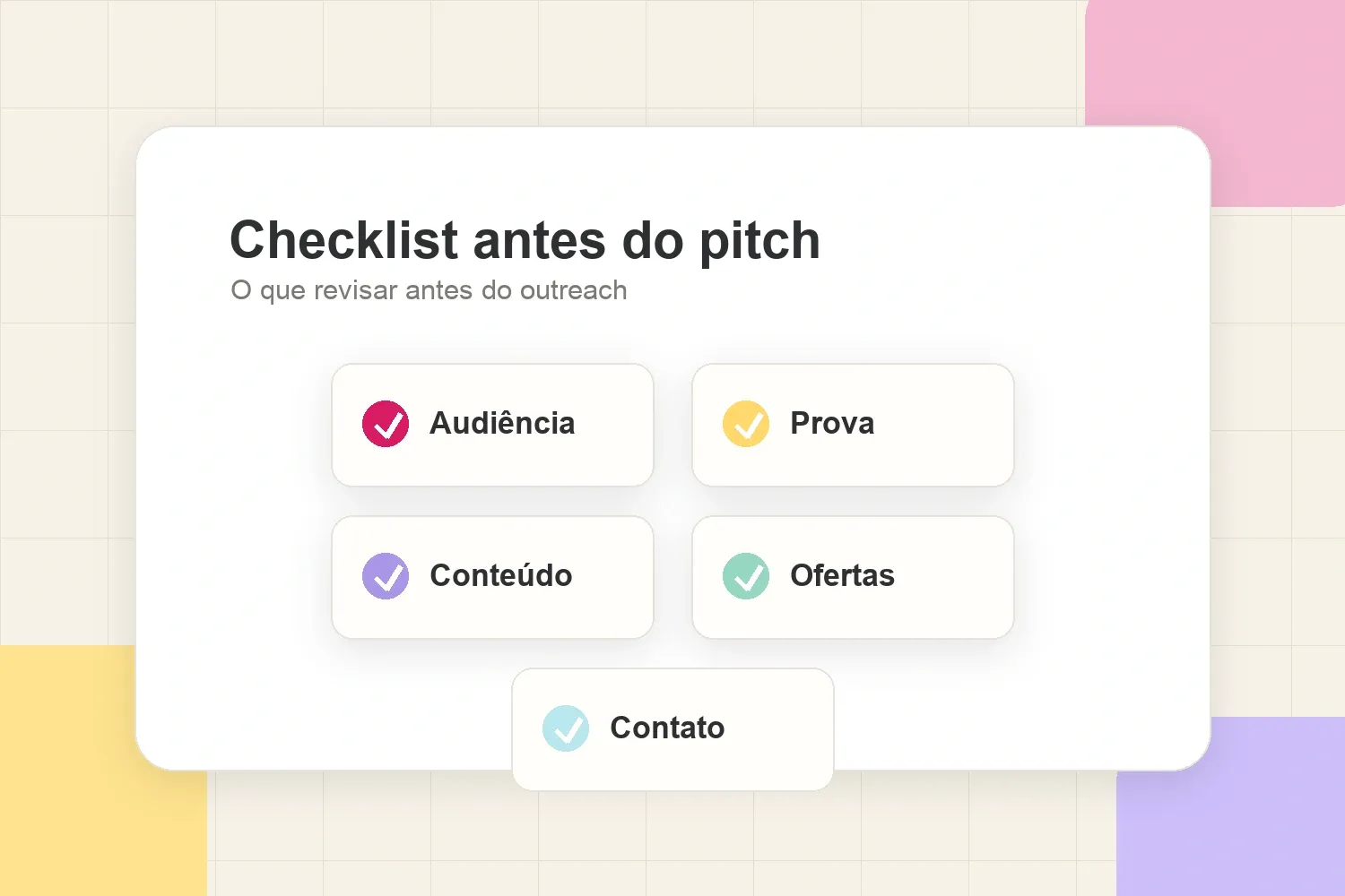 Checklist antes do pitch com audiência, prova, conteúdo, ofertas e contato