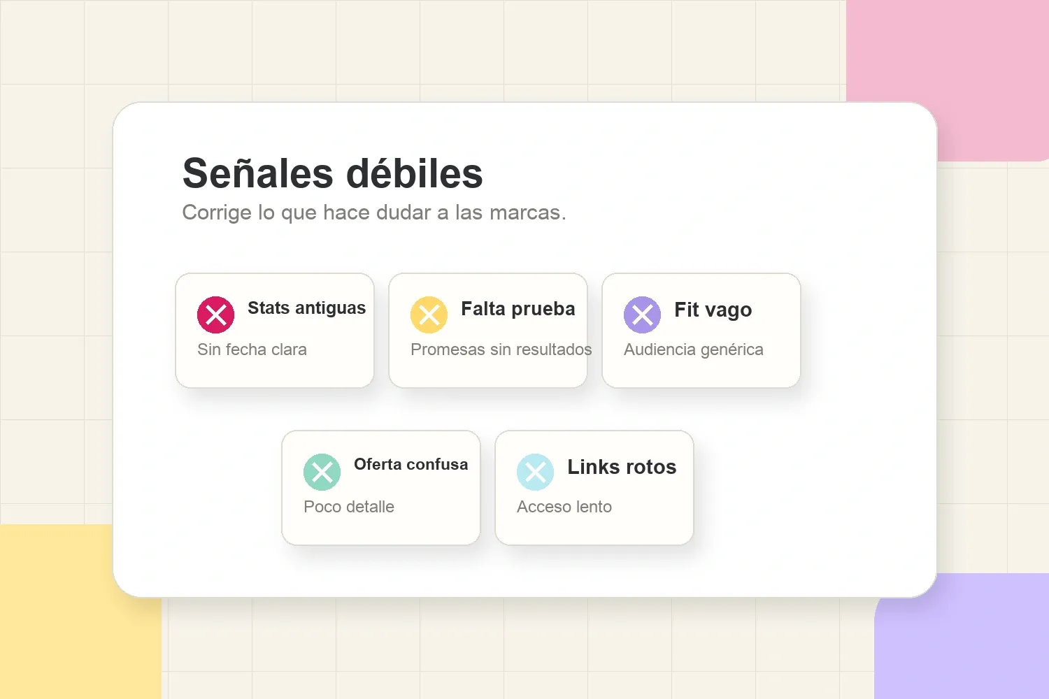 Auditoría de errores de media kit con estadísticas antiguas, prueba ausente, encaje vago y oferta poco clara