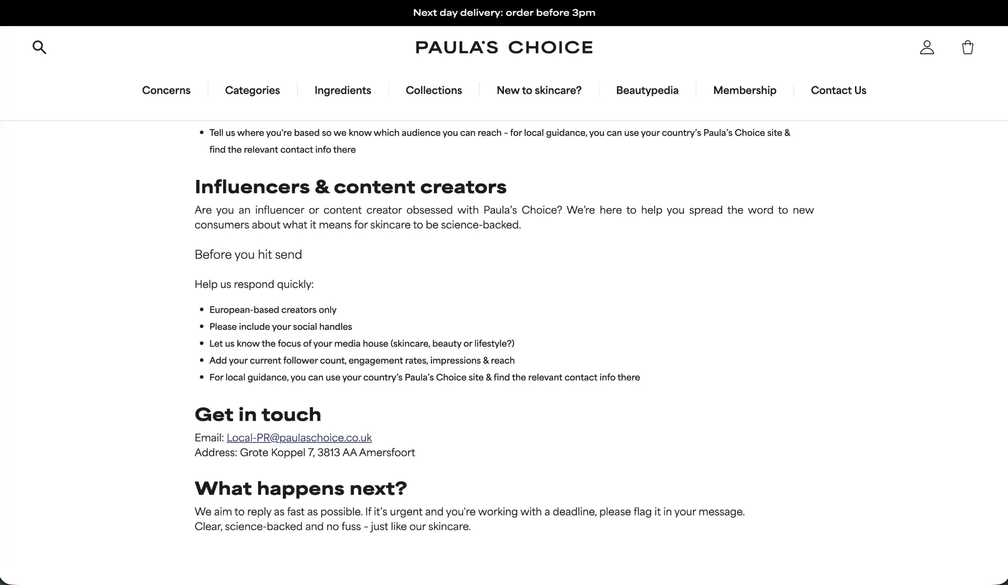 Página de contacto de Paula's Choice con una sección "Influencers & content creators", una lista de lo que hay que incluir y una dirección de email de PR dedicada