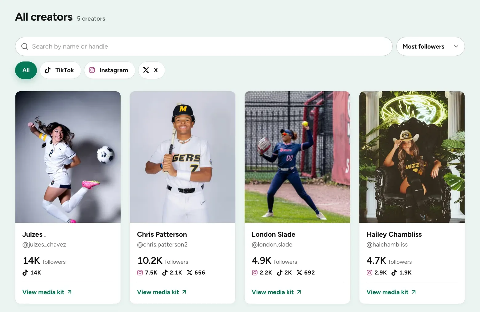 Public CreatorsJet roster page of a talent agency with creator cards showing followers per platform and a link to each media kit