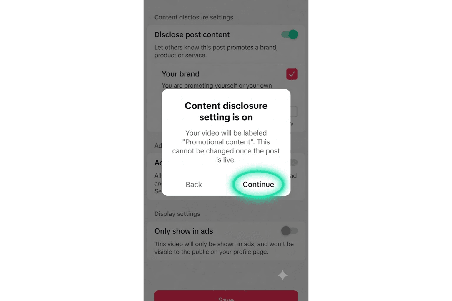 TikTok content disclosure settings: choose commercial disclosure before publishing a brand post