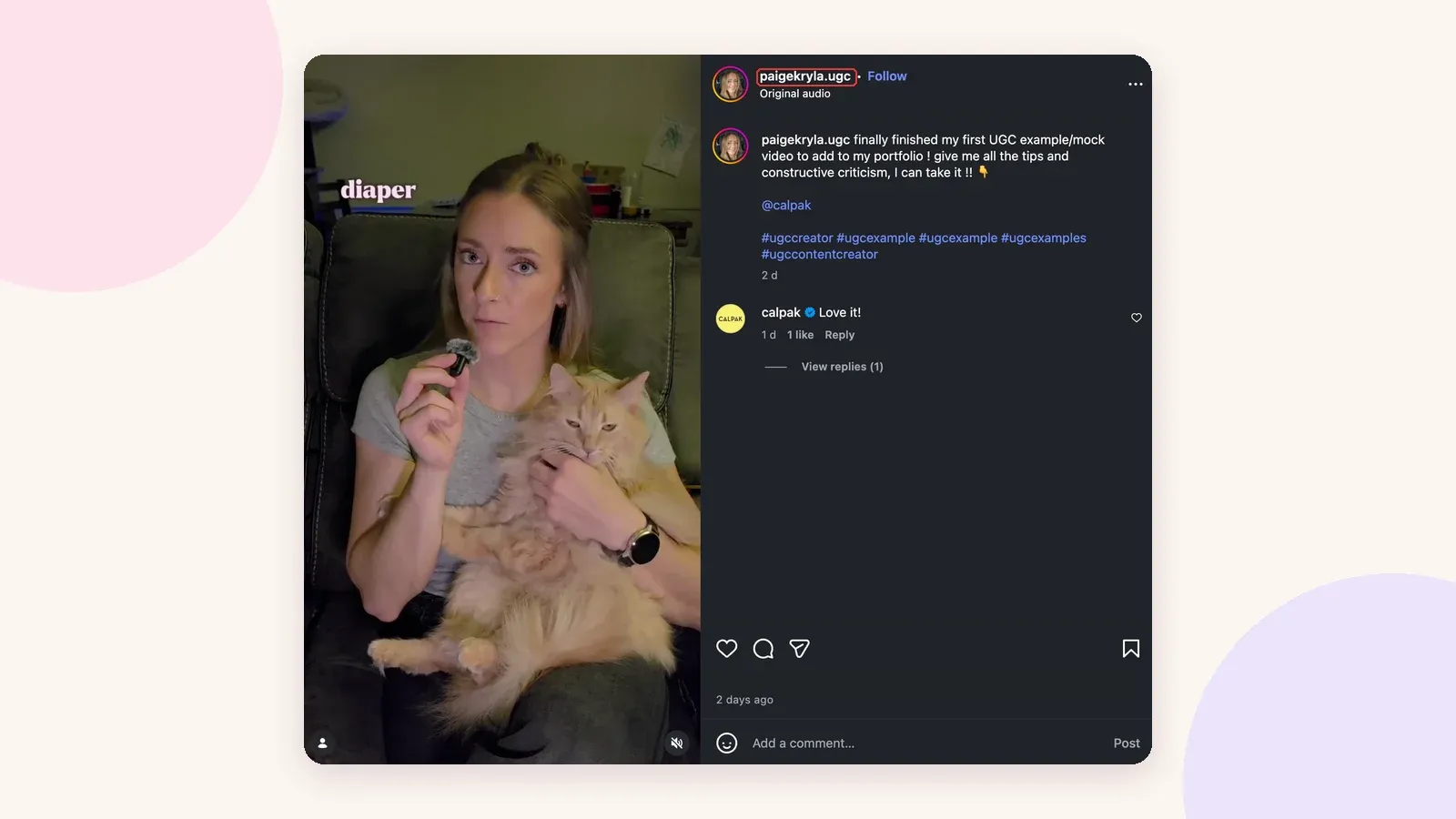 Vídeo UGC de teste de @paigekryla.ugc para a Calpak, com um comentário da marca