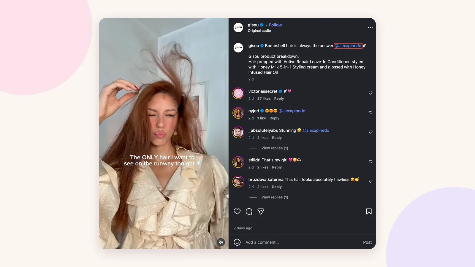 Post da Gisou creditando @alexapinedo, com a lista de produtos para o cabelo