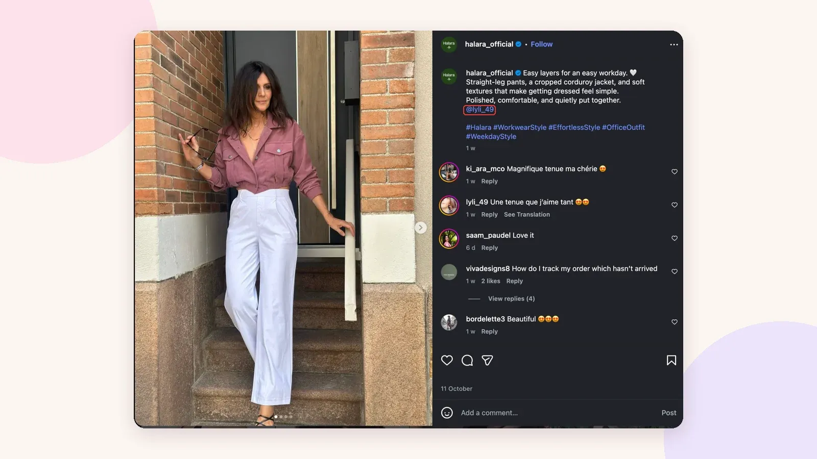 Post da Halara creditando @lyli_49 com um look de trabalho