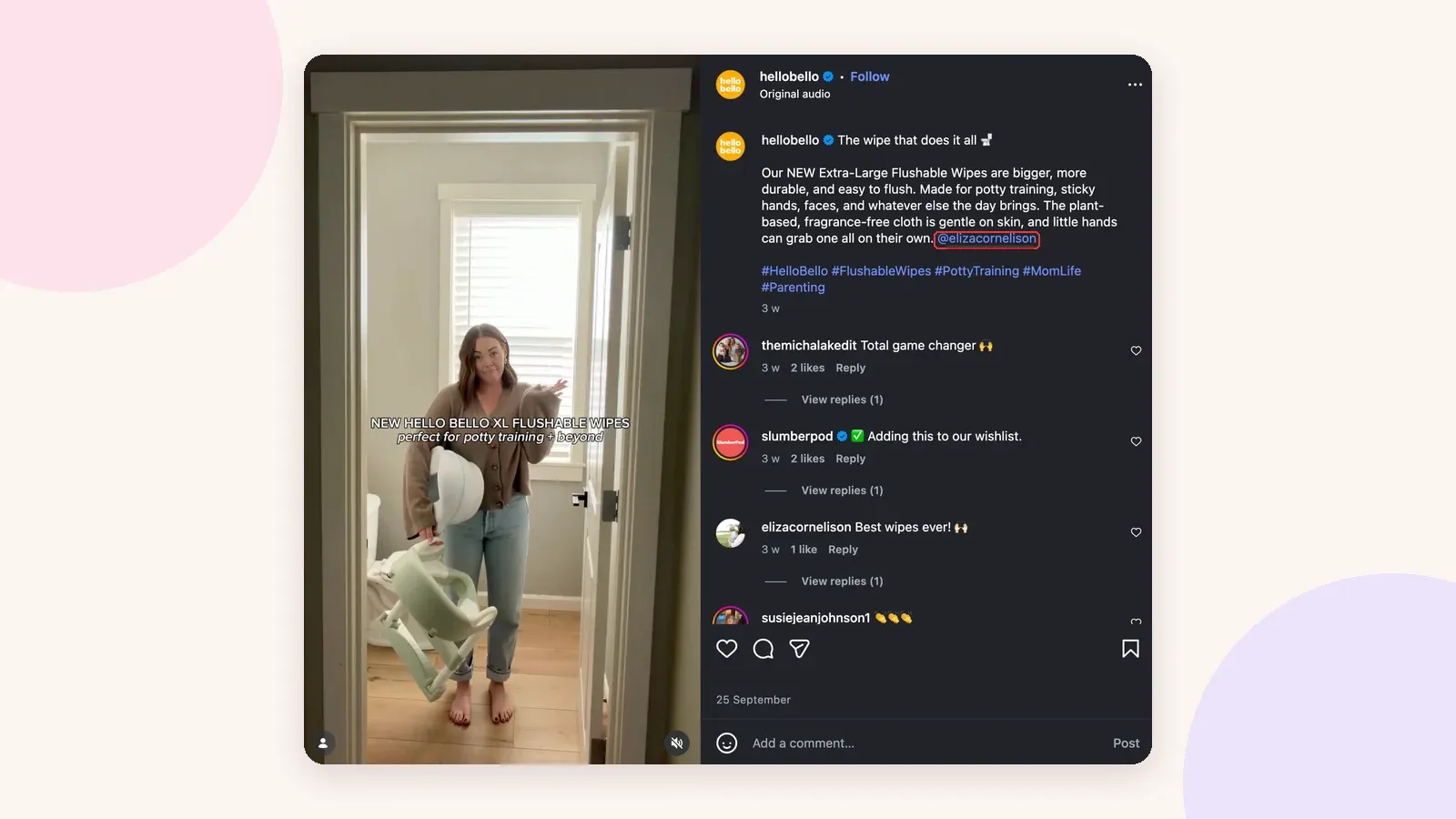 Post da Hello Bello creditando @elizacornelison com uma demonstração de produto