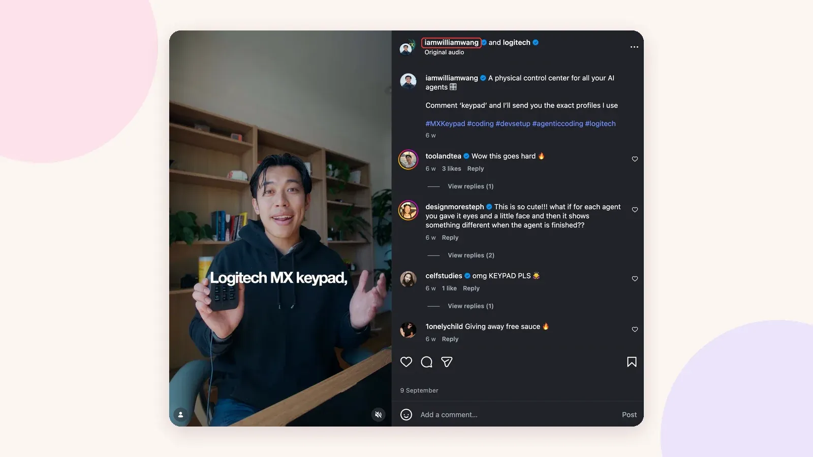 Post colaborativo entre @iamwilliamwang e a Logitech