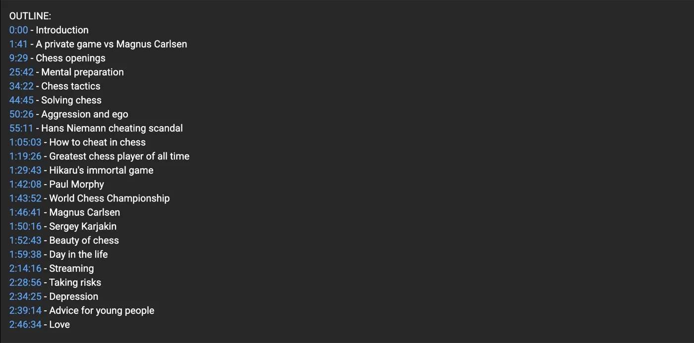 A YouTube chapter list with timestamps and descriptive section names