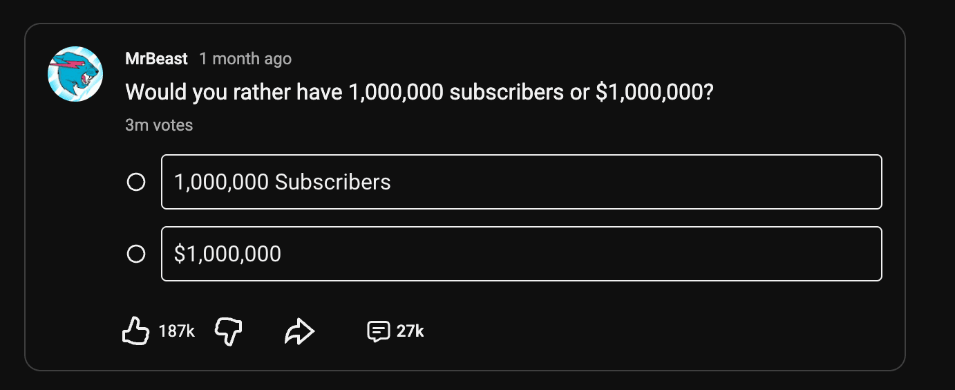 Sondage YouTube Community demandant aux spectateurs de choisir entre deux options précises