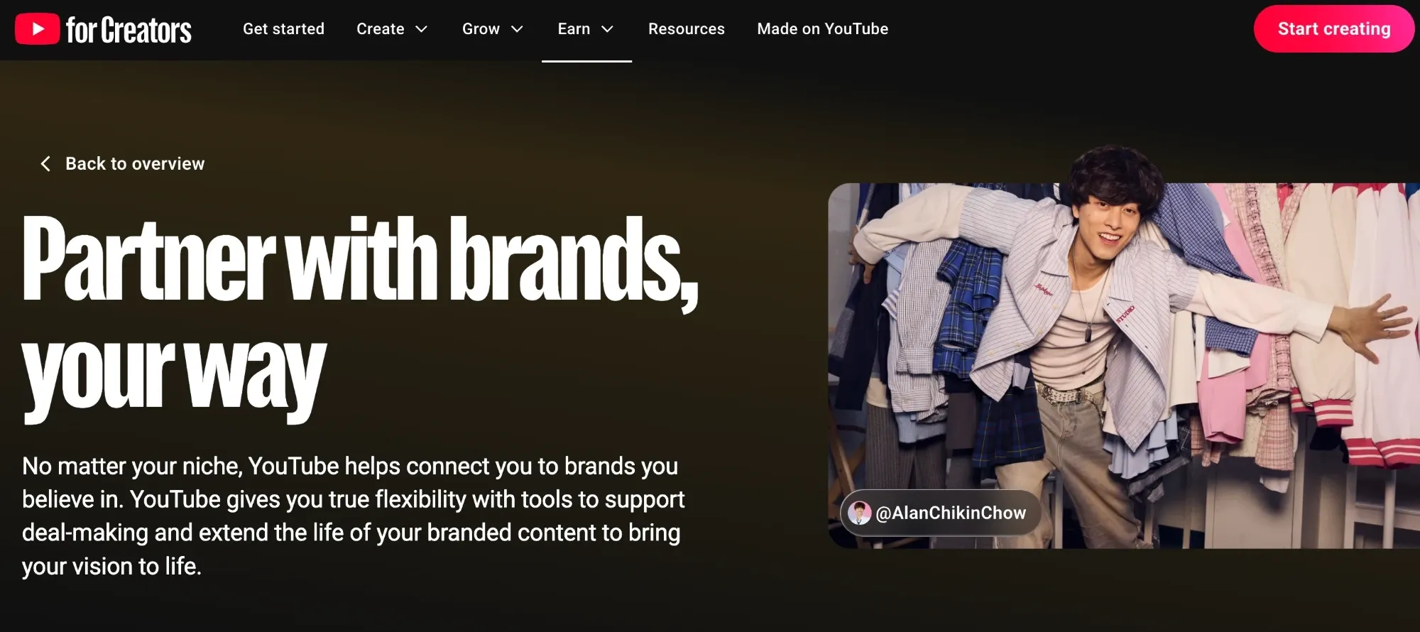YouTube for Creators page introducing Creator Partnerships with the headline "Partner with brands, your way"