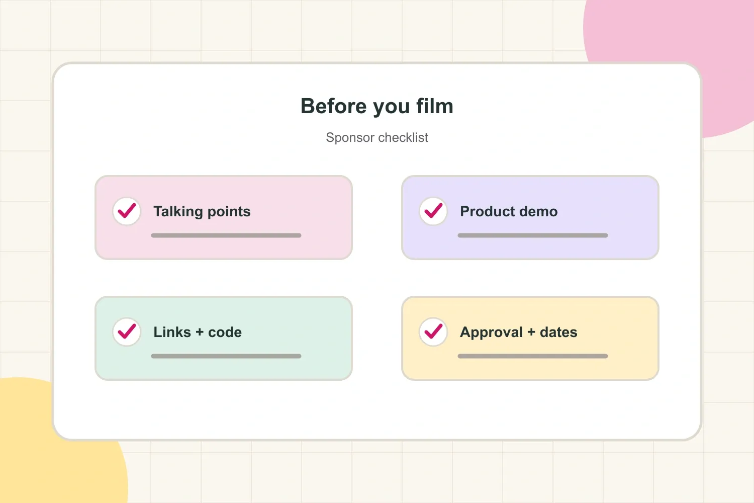 YouTube sponsorship pre-filming checklist for talking points, product demonstration, links, and approvals