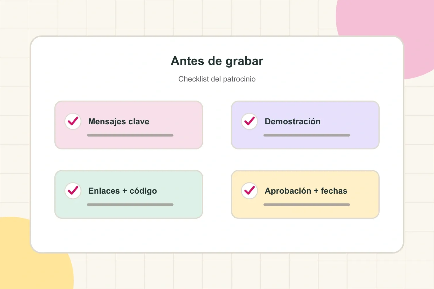 Checklist de patrocinio de YouTube antes de grabar: mensajes, demostración, enlaces y aprobaciones